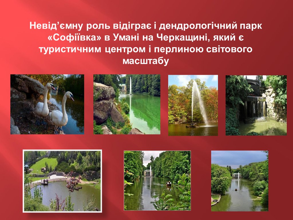 Невід’ємну роль відіграє і дендрологічний парк «Софіївка» в Умані на Черкащині, який є туристичним центром і перлиною світового масштабу