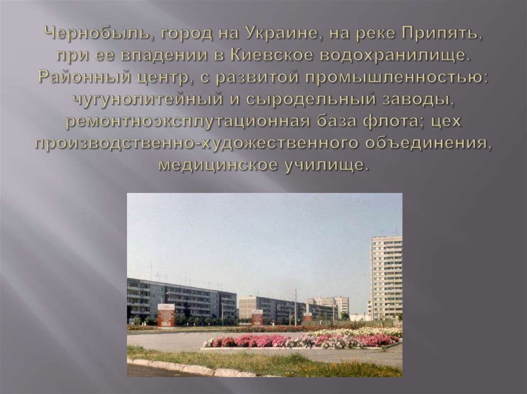Чернобыль, город на Украине, на реке Припять, при ее впадении в Киевское водохранилище. Районный центр, с развитой