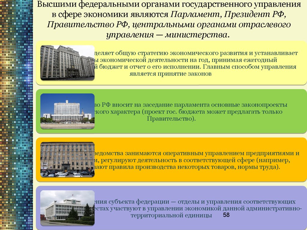 Высшими федеральными органами государственного управления в сфере экономики являются Парламент, Президент РФ, Правительство РФ, централь