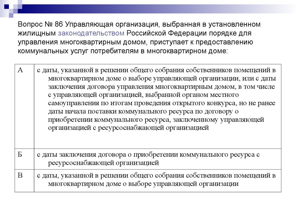 Вопрос № 86 Управляющая организация, выбранная в установленном жилищным законодательством Российской Федерации порядке для управления мн