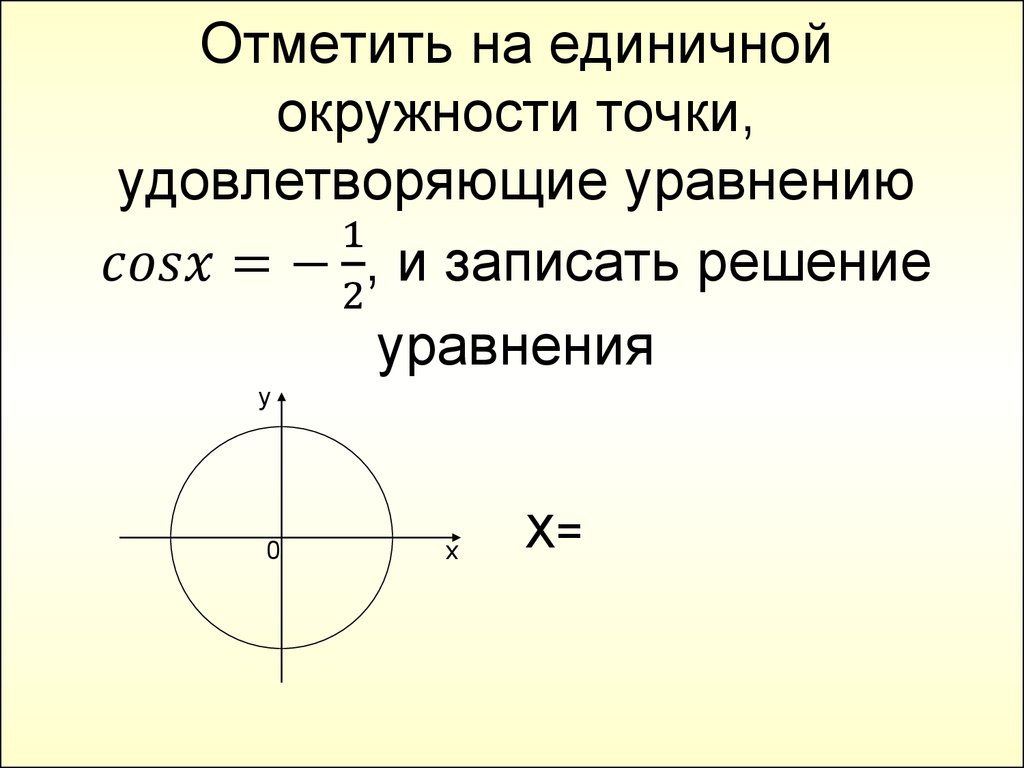 Отметить на единичной окружности точки, удовлетворяющие уравнению cosx=-1/2, и записать решение уравнения