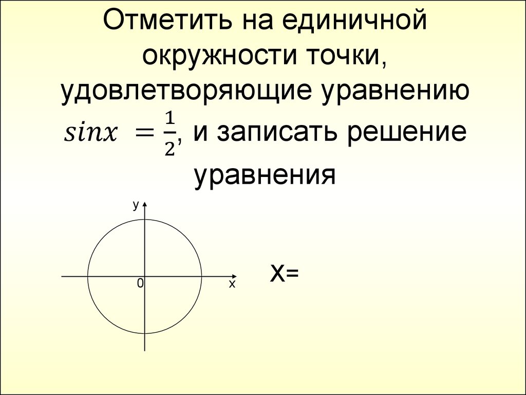 Отметить на единичной окружности точки, удовлетворяющие уравнению sinx =1/2, и записать решение уравнения