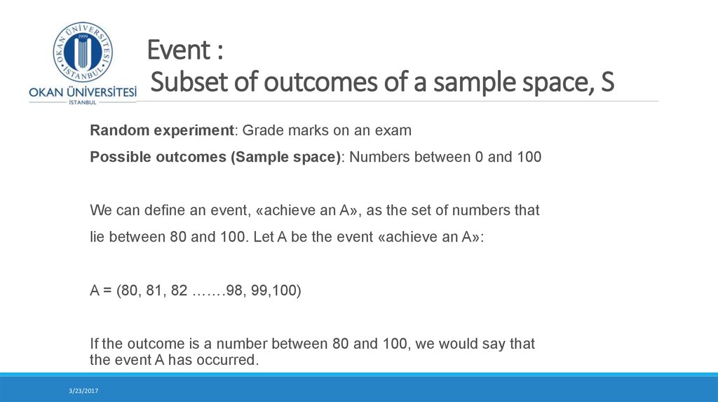 Event : Subset of outcomes of a sample space, S