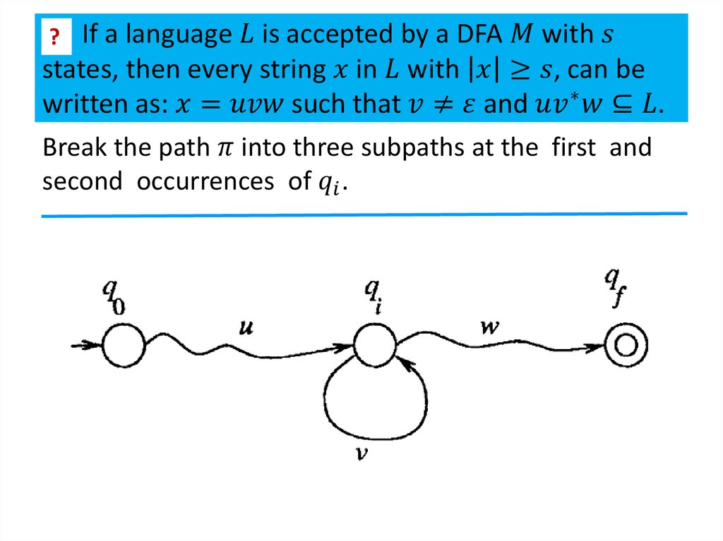 If a language L is accepted by a DFA M with s states, then every string x in L with |x|≥s, can be written as: x=uvw such that