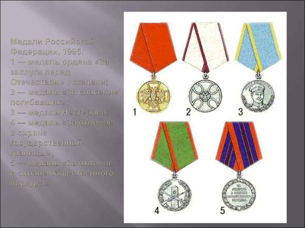 Медали Российской Федерации, 1995: 1 — медаль ордена «За заслуги перед Отечеством» I степени; 2 — медаль «За спасение погибавших»; 3 — медаль Н