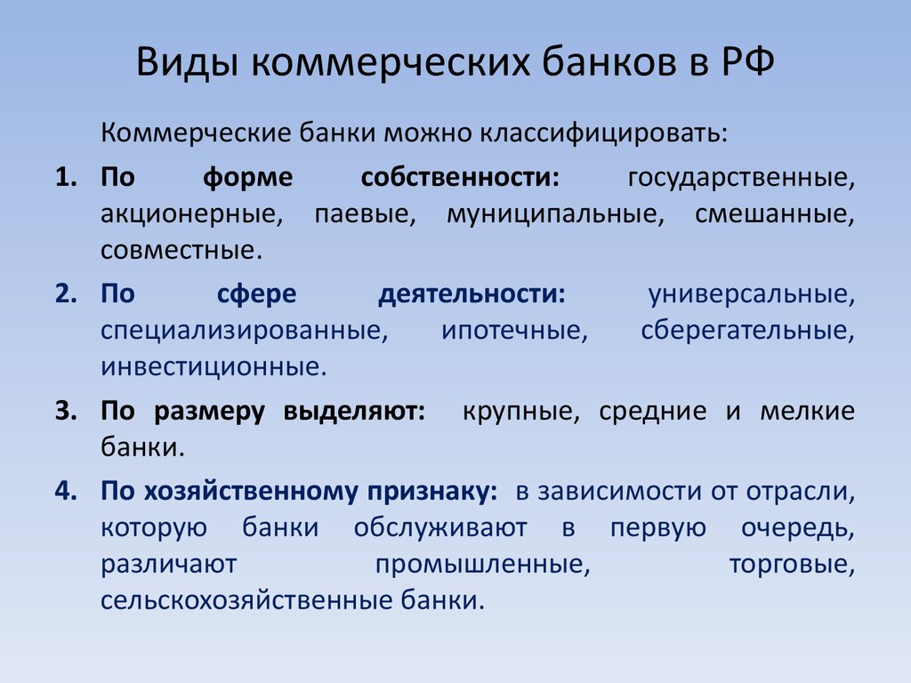 Виды коммерческих банков в РФ