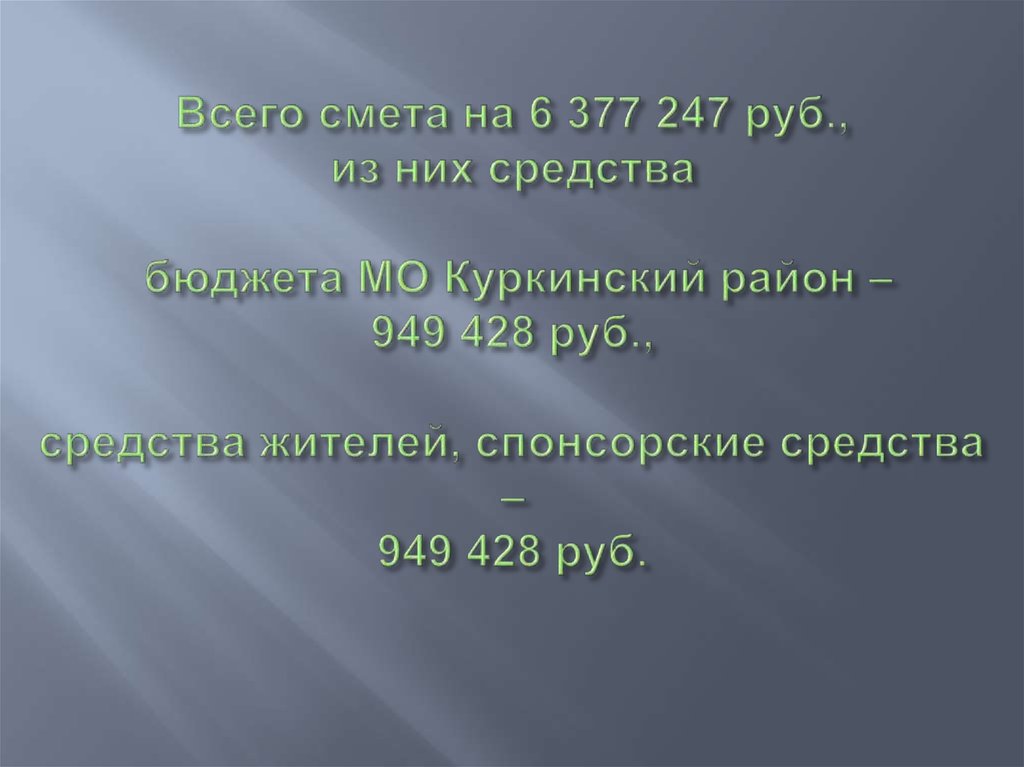 Всего смета на 6 377 247 руб., из них средства бюджета МО Куркинский район – 949 428 руб., средства жителей, спонсорские