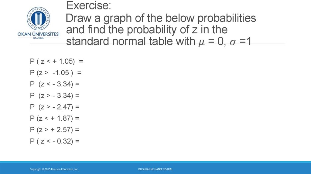 Exercise: Draw a graph of the below probabilities and find the probability of z in the standard normal table with μ = 0, σ =1