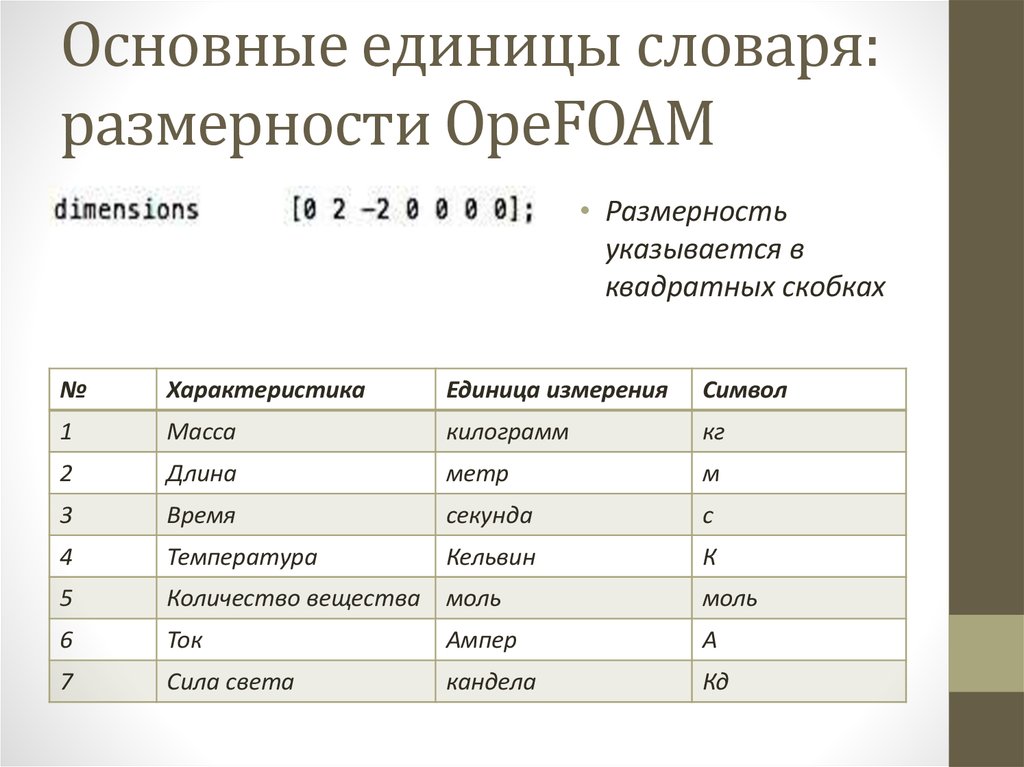 Основные единицы словаря: размерности OpeFOAM