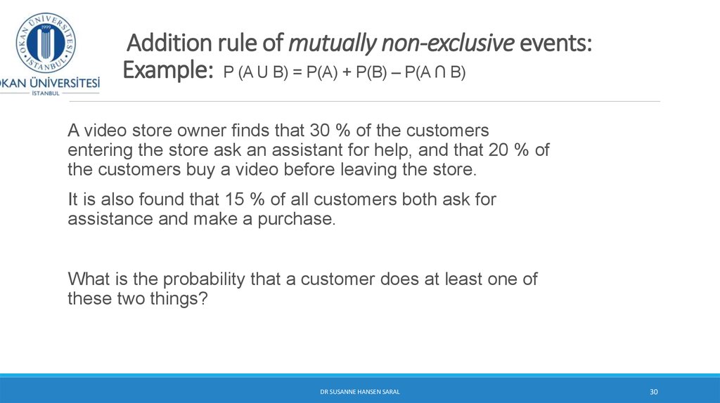 Addition rule of mutually non-exclusive events: Example: P (A U B) = P(A) + P(B) – P(A ∩ B)