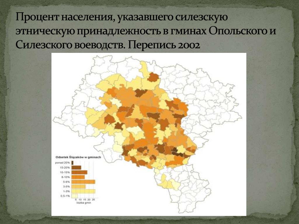 Процент населения, указавшего силезскую этническую принадлежность в гминах Опольского и Силезского воеводств. Перепись 2002