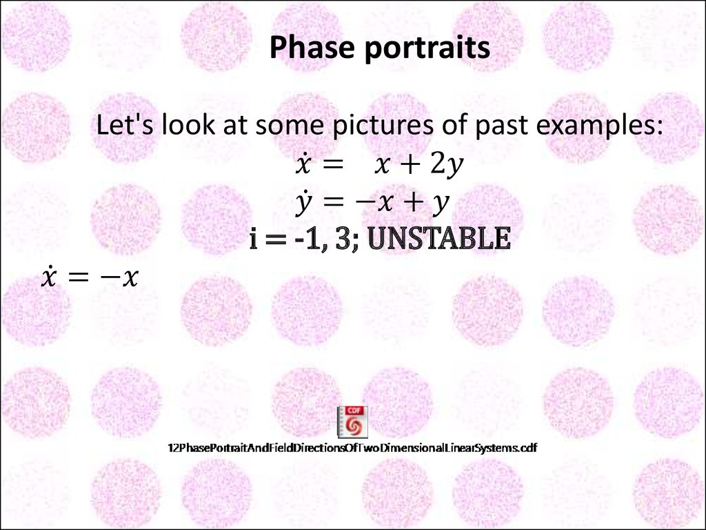 Phase portraits Let's look at some pictures of past examples: x ̇= x+2y y ̇=-x+y i = -1, 3; UNSTABLE x ̇=-x y ̇= x-y i = -1; STABLE