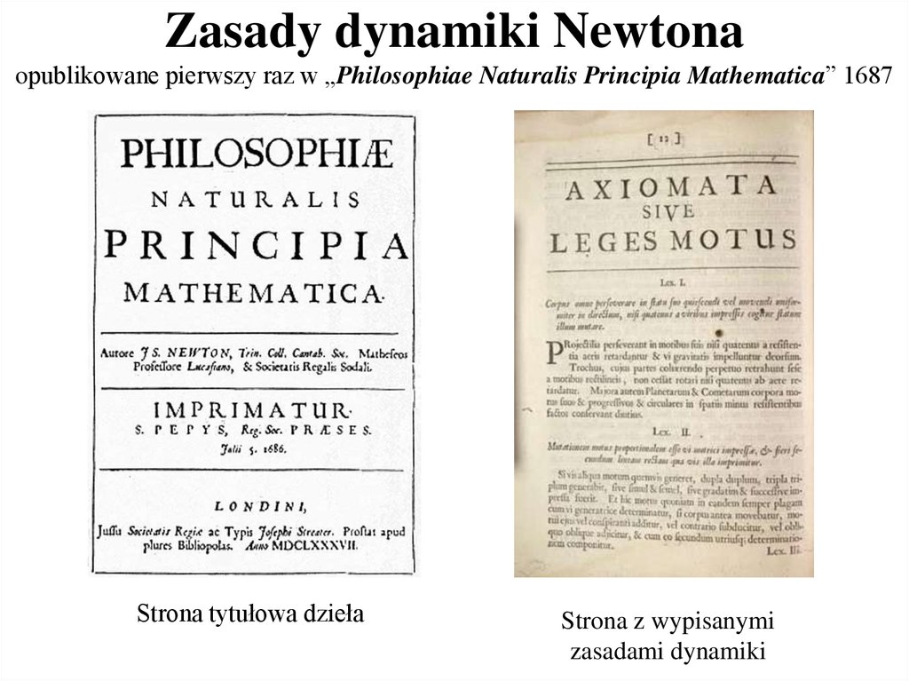 Zasady dynamiki Newtona opublikowane pierwszy raz w „Philosophiae Naturalis Principia Mathematica” 1687