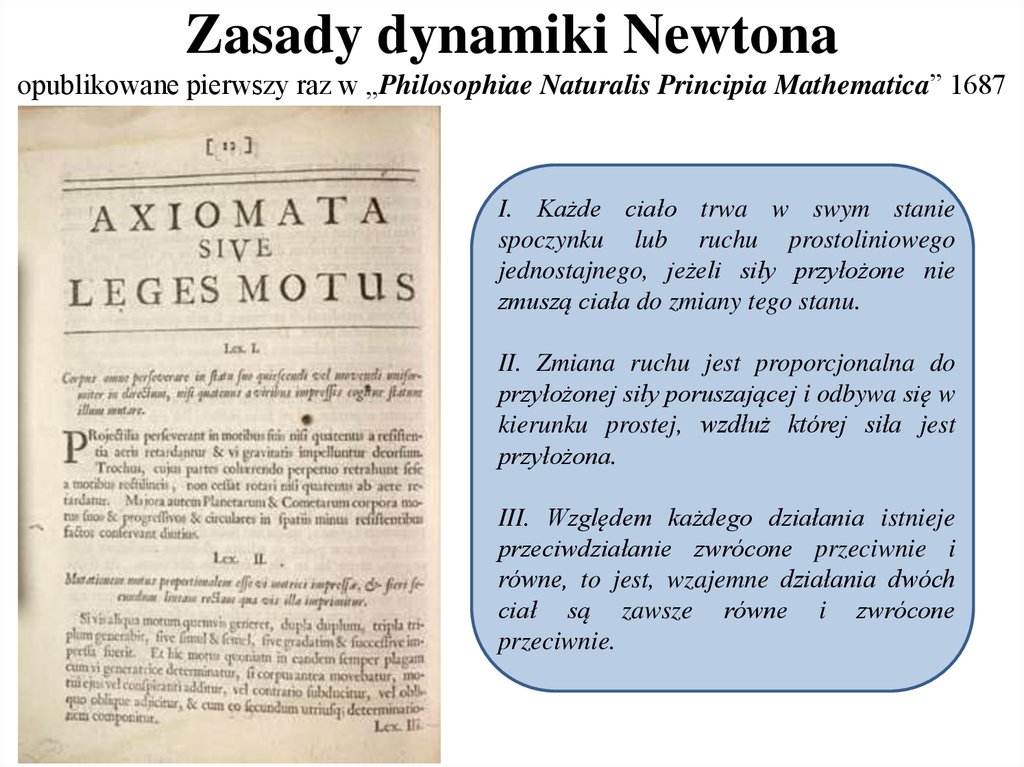 Zasady dynamiki Newtona opublikowane pierwszy raz w „Philosophiae Naturalis Principia Mathematica” 1687