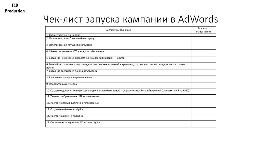 Чек лист для проекта