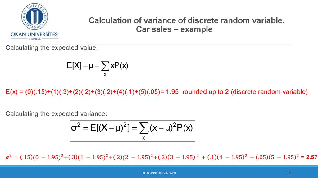 Calculation of variance of discrete random variable. Car sales – example