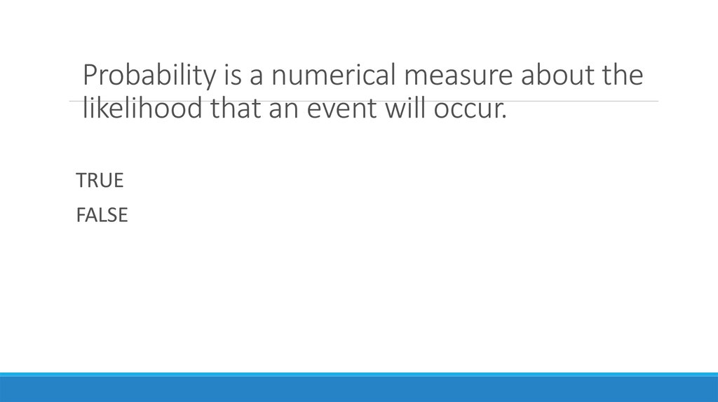 Probability is a numerical measure about the likelihood that an event will occur.