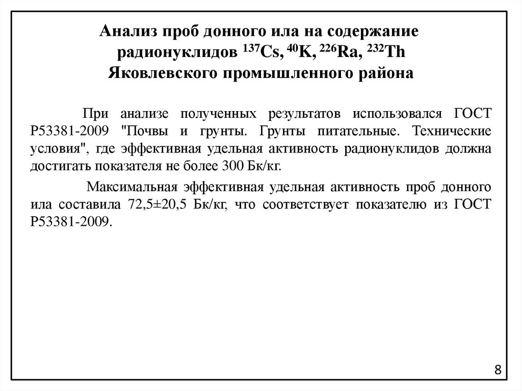 Анализ проб донного ила на содержание радионуклидов 137Cs, 40K, 226Ra, 232Th Яковлевского промышленного района
