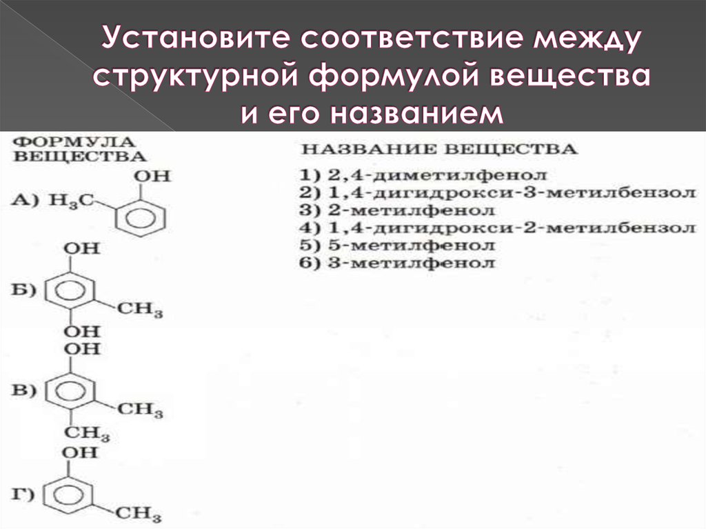 Установите соответствие между структурной формулой вещества и его названием