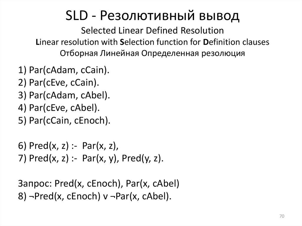 SLD - Резолютивный вывод Selected Linear Defined Resolution Linear resolution with Selection function for Definition clauses