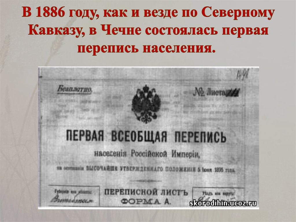 В 1886 году, как и везде по Северному Кавказу, в Чечне состоялась первая перепись населения. 