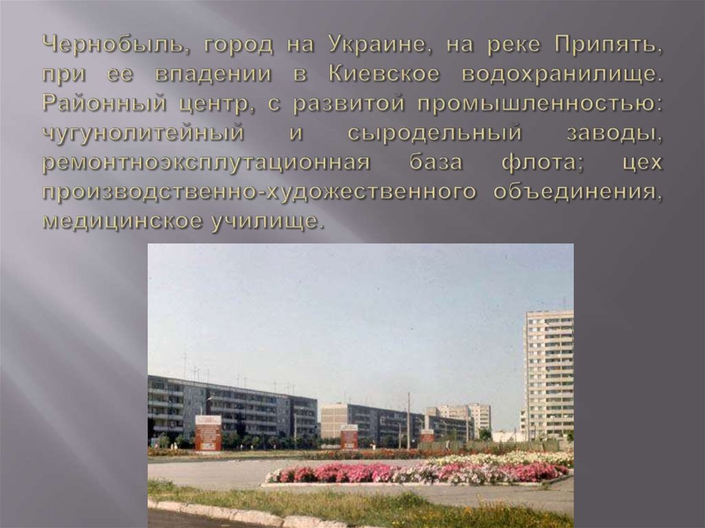 Чернобыль, город на Украине, на реке Припять, при ее впадении в Киевское водохранилище. Районный центр, с развитой
