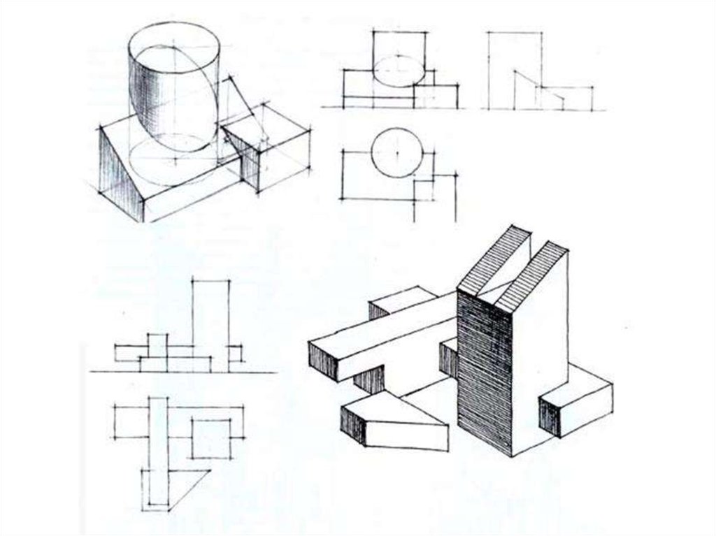 Линейно конструктивный рисунок по представлению архитектурные врезки графическая переработка