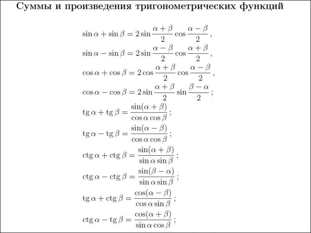 Формула произведения. Формулы преобразования тригонометрических функций. Формулы суммы тригонометрических функций. Формулы преобразования суммы и разности в произведение. Формулы преобразования тригонометрия.