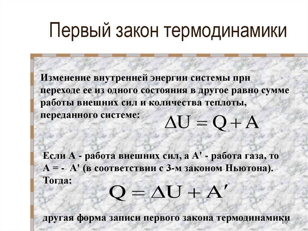 Работа газа равна работе внешних сил. Количество теплоты равно внутренней энергии. Первый закон термодинамики работа газа. Первый закон термодинамики для работы внешних сил. Первый Закан термодинамики.