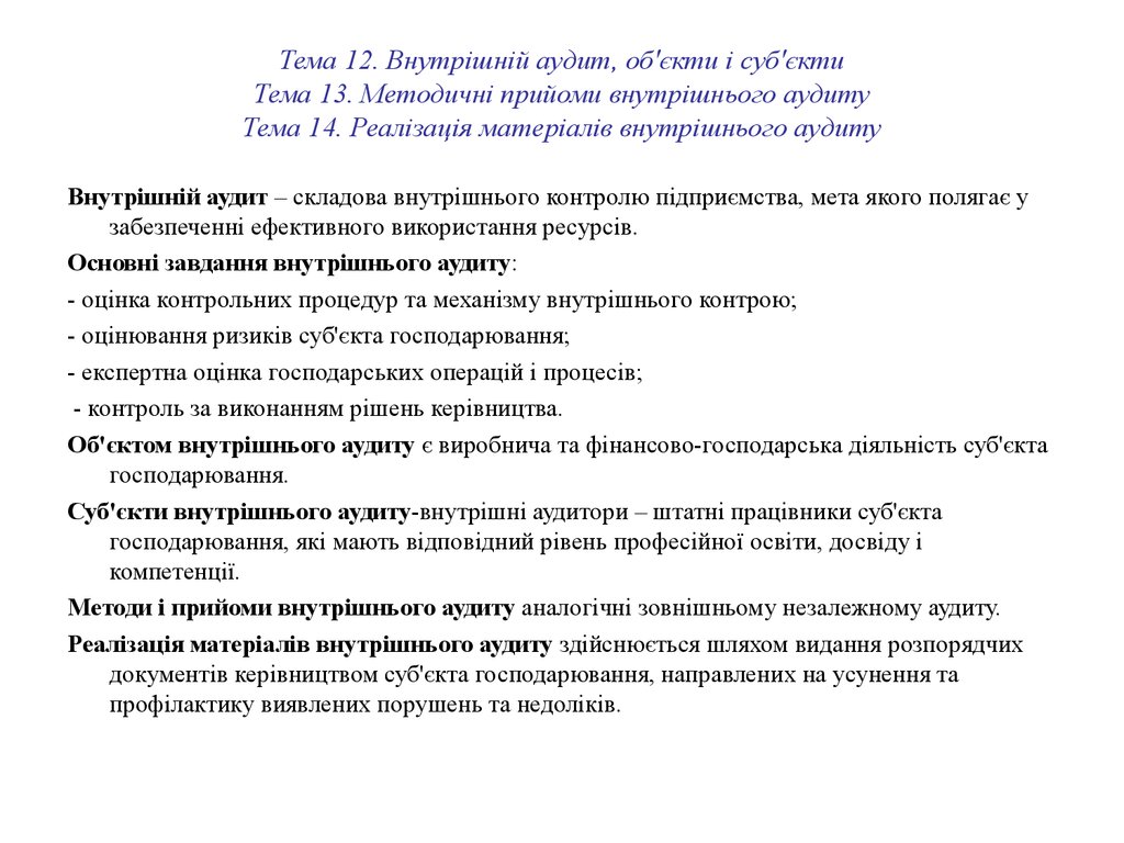 Тема 12. Внутрішній аудит, об'єкти і суб'єкти Тема 13. Методичні прийоми внутрішнього аудиту Тема 14. Реалізація матеріалів внутрішнього аудит