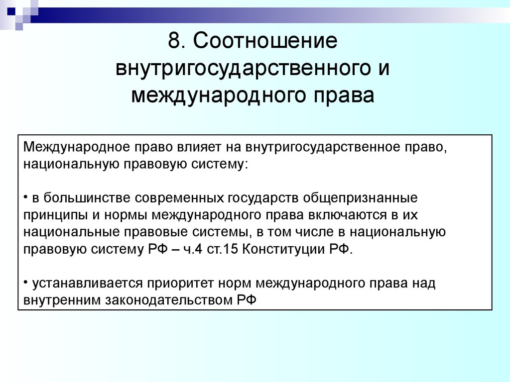 Международное конституционное право. Соотношение норм национального права и норм международного. Международное и внутригосударственное и законодательство. Соотношение международного и внутригосударственного права. Взаимодействие международного и внутригосударственного права.