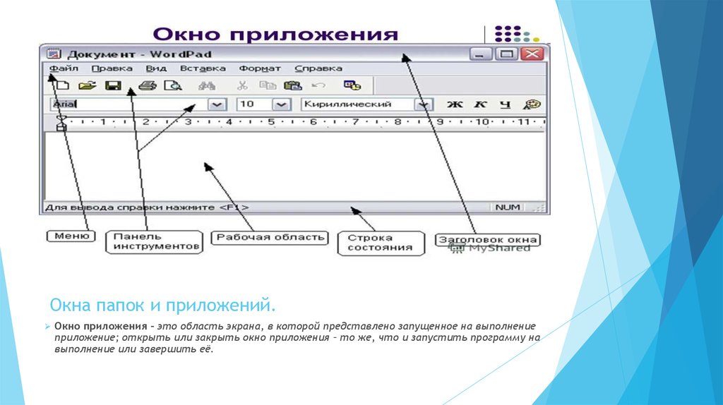 Запустить выполнение. Окно приложения. Окно программы. Окно приложения и окно документа. Части окна программы.