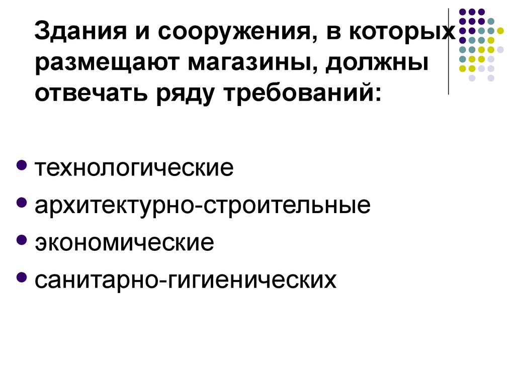 Ряд требований. Здание магазина должно отвечать требованиям. Торговые здания и сооружения должны отвечать следующим требованиям: *. Она должна отвечать ряду требований.