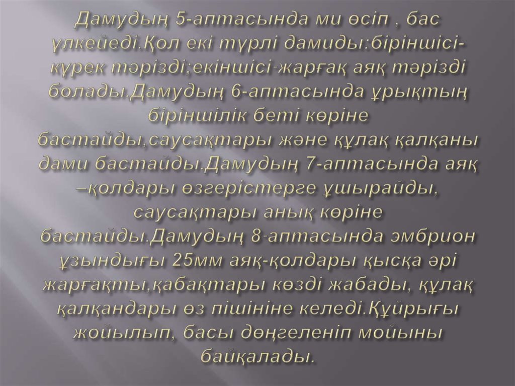 Дамудың 5-аптасында ми өсіп , бас үлкейеді.Қол екі түрлі дамиды:біріншісі-күрек тәрізді;екіншісі-жарғақ аяқ тәрізді болады.Дамудың 6-аптасын