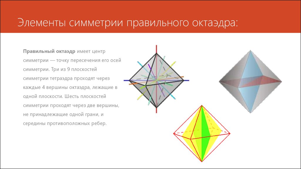 Сколько центров. Октаэдр центр симметрии ось симметрии плоскость симметрии. Элементы симметрии правильного октаэдра. Правильный октаэдр центр симметрии. Центр ось и плоскость симметрии октаэдра.