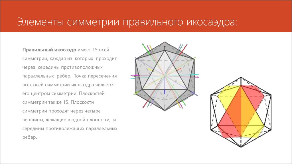 Правильный пятиугольник имеет пять осей симметрии верно. Элементы симметрии икосаэдра. Элементы симметрии правильного икосаэдра. Центр симметрии правильного икосаэдра. Элементы симметрии додекаэдра.