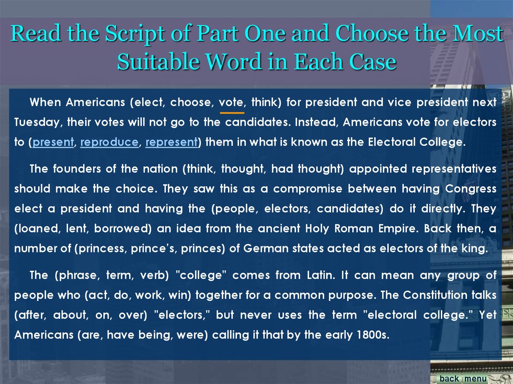 Read the Script of Part One and Choose the Most Suitable Word in Each Case