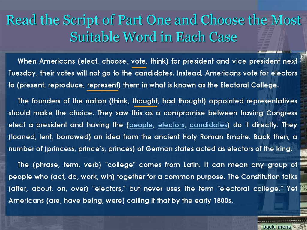 Read the Script of Part One and Choose the Most Suitable Word in Each Case