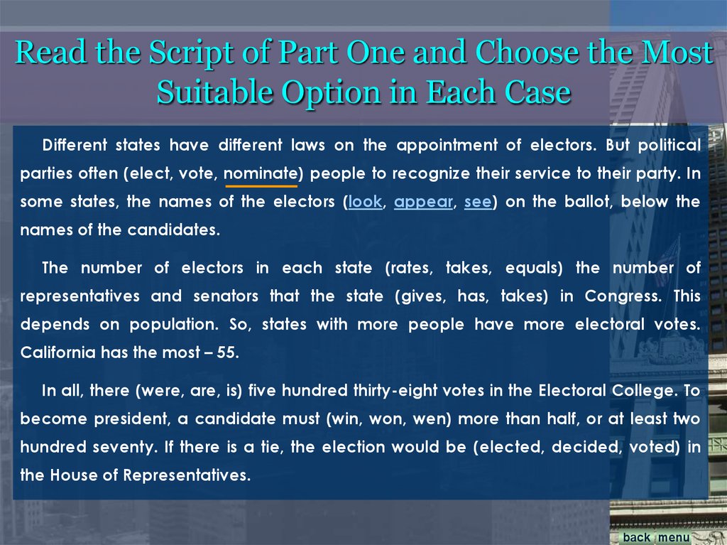 Read the Script of Part One and Choose the Most Suitable Option in Each Case