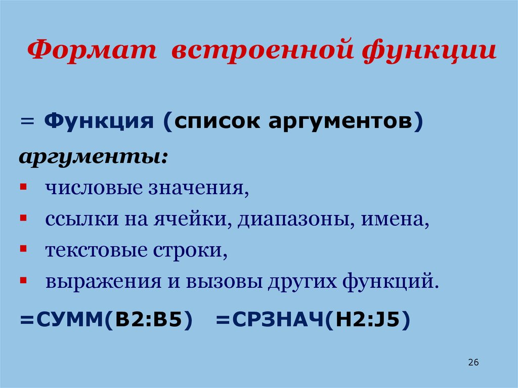 Список функций. Сумма функций. Встроенные в табличные процессоры функции динамичные и остальные.