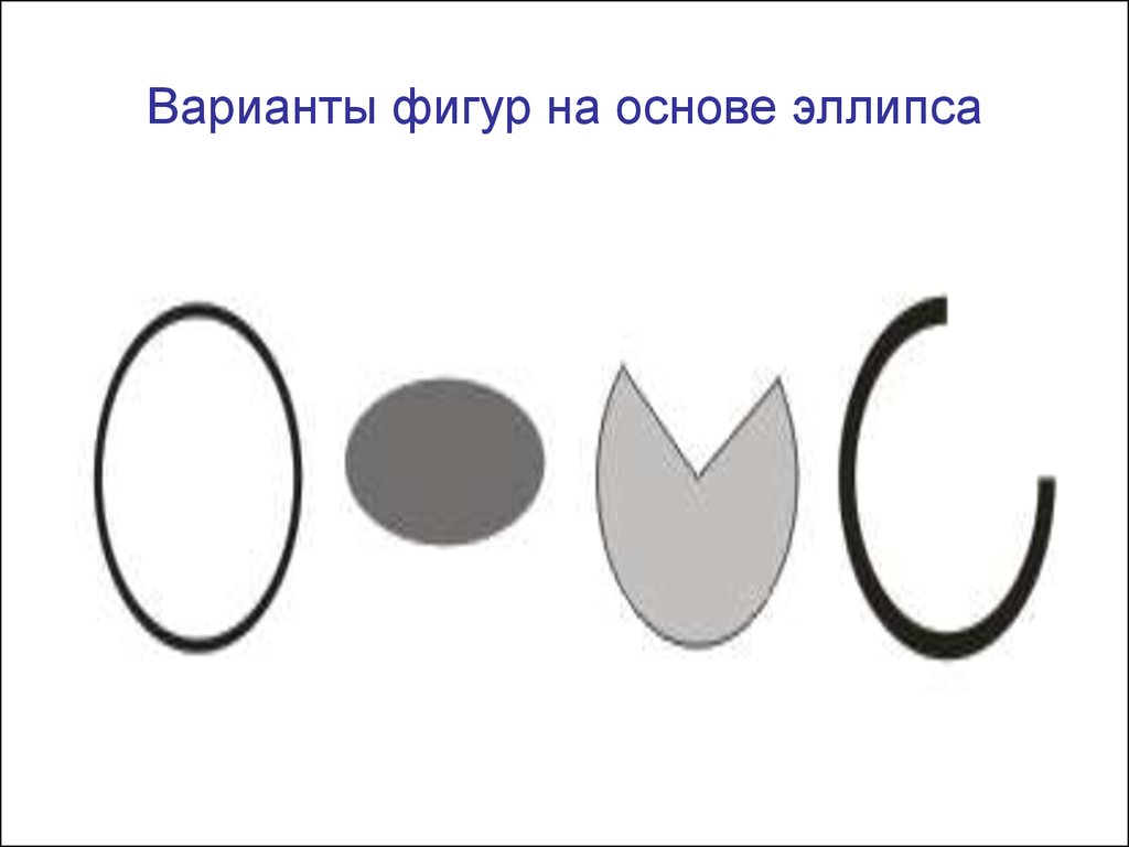 Варианты фигур. Атрибуты графических примитивов. Эллипс это примитив. Закономерный вариант фигуры полукруг. Укажите закономерный вариант фигуры.