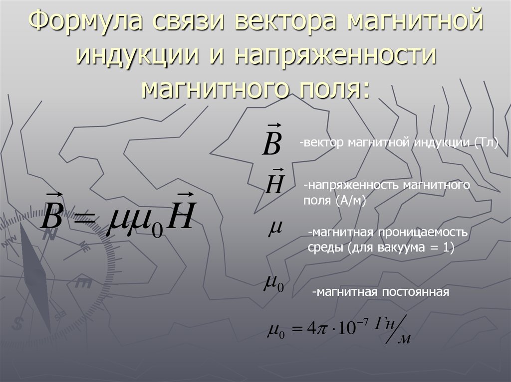 Формула связи вектора магнитной индукции и напряженности магнитного поля: