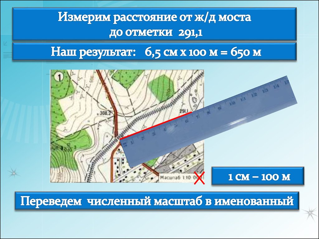 Какова карта. Померить расстояние. Деревянный мост на плане местности. Отметки моста. Расстояние от мостов до деревьев.