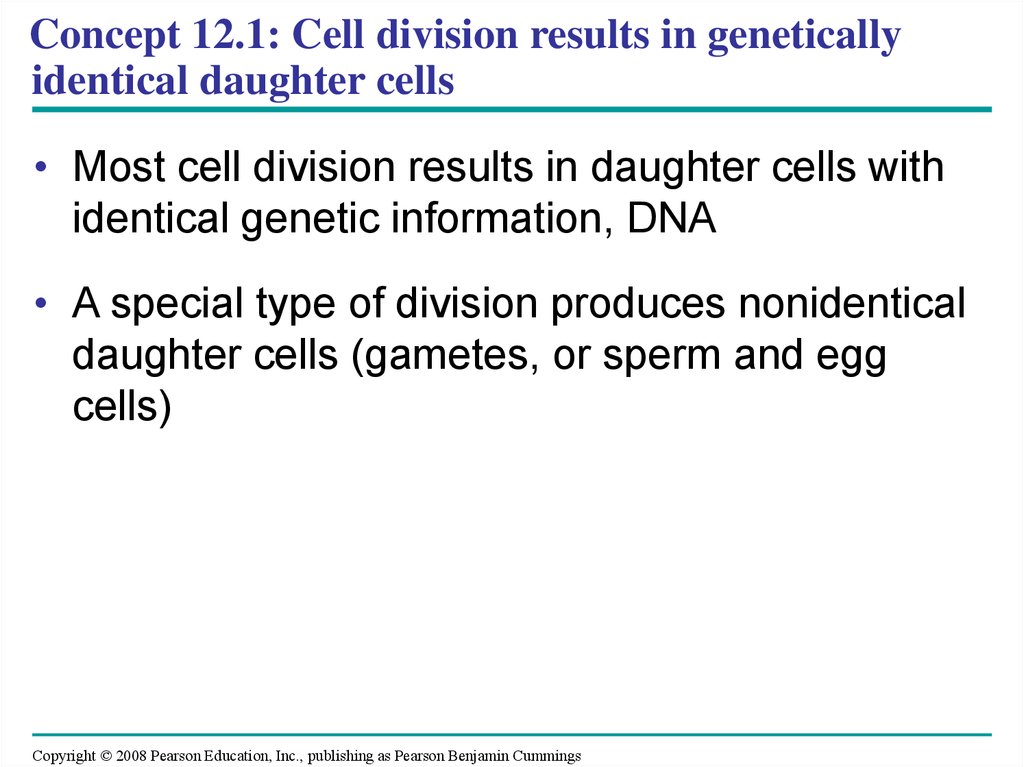 Concept 12.1: Cell division results in genetically identical daughter cells