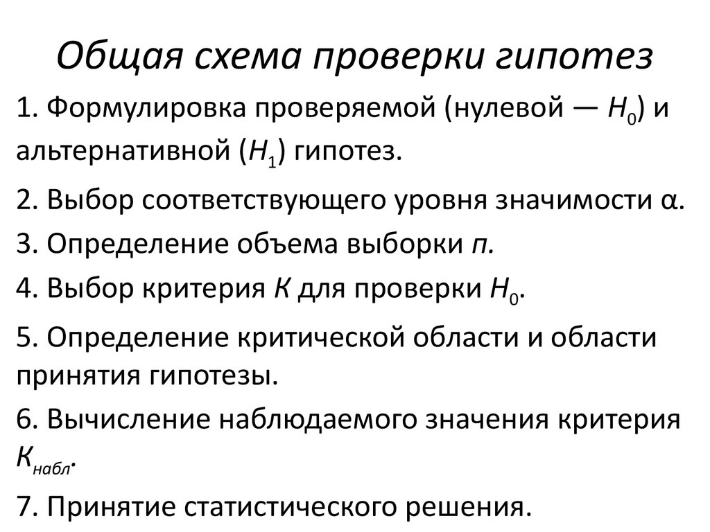 Статистика проверки статистической гипотезы. Схема проверки статистических гипотез. Алгоритм проверки гипотез. Общая постановка задачи проверки гипотез.