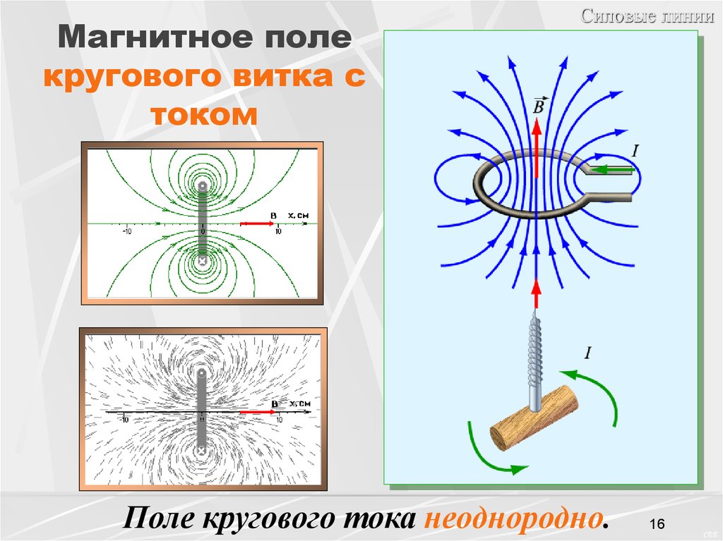 Направление электромагнитных линий. Магнитные силовые линии для кругового витка с током. Магнитные силовые линии круговой виток с током. Магнитное поле кругового витка с током. Силовая картина магнитного поля кругового витка.