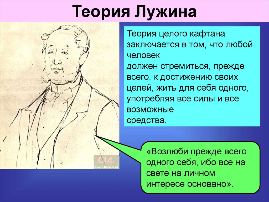 В чем лужин обвинил соню. Теория целого Кафтана Лужина.