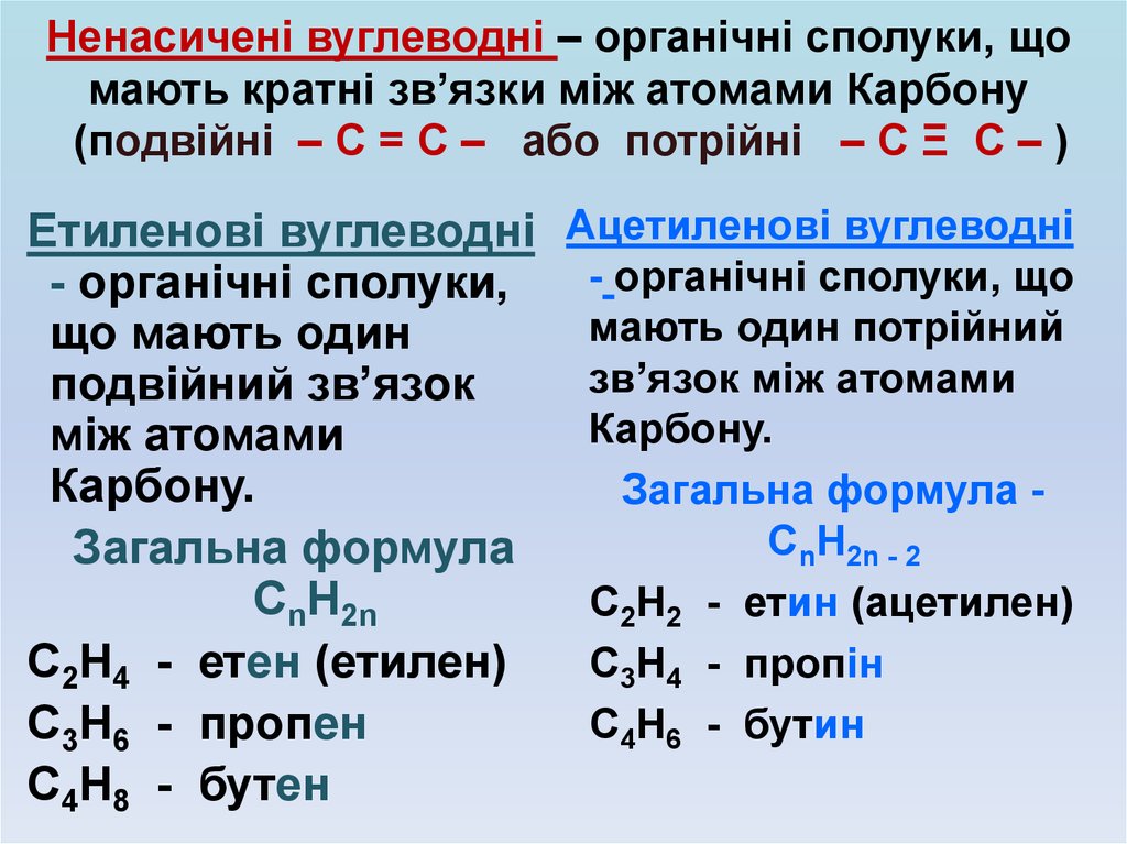Ненасичені вуглеводні – органічні сполуки, що мають кратні зв’язки між атомами Карбону (подвійні – С = С – або потрійні – С Ξ С – )
