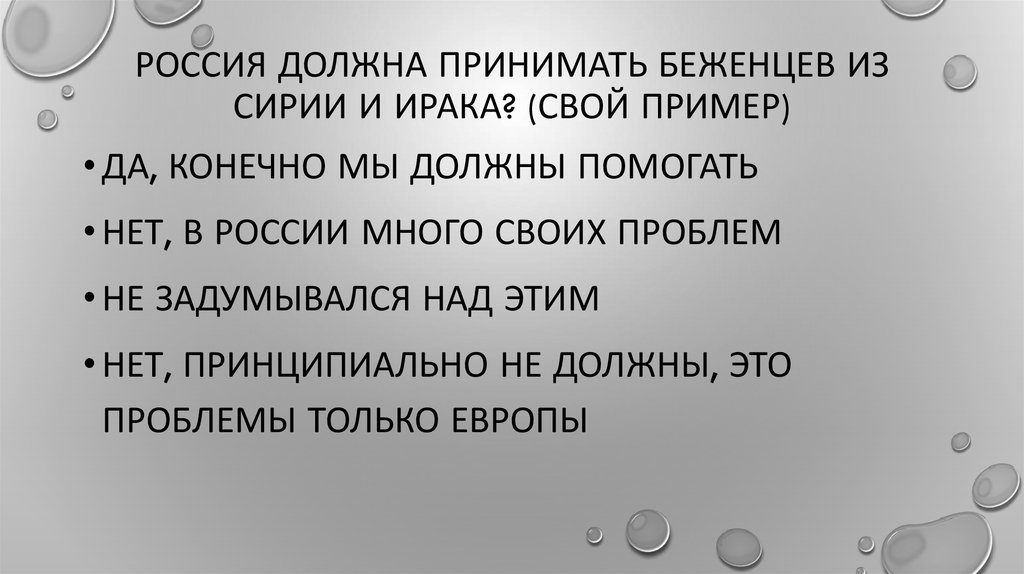 Россия должна принимать беженцев из сирии и ирака? (свой пример)