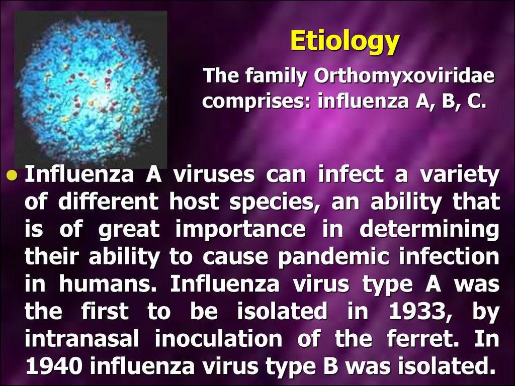 Etiology The family Orthomyxoviridae comprises: influenza A, B, C.